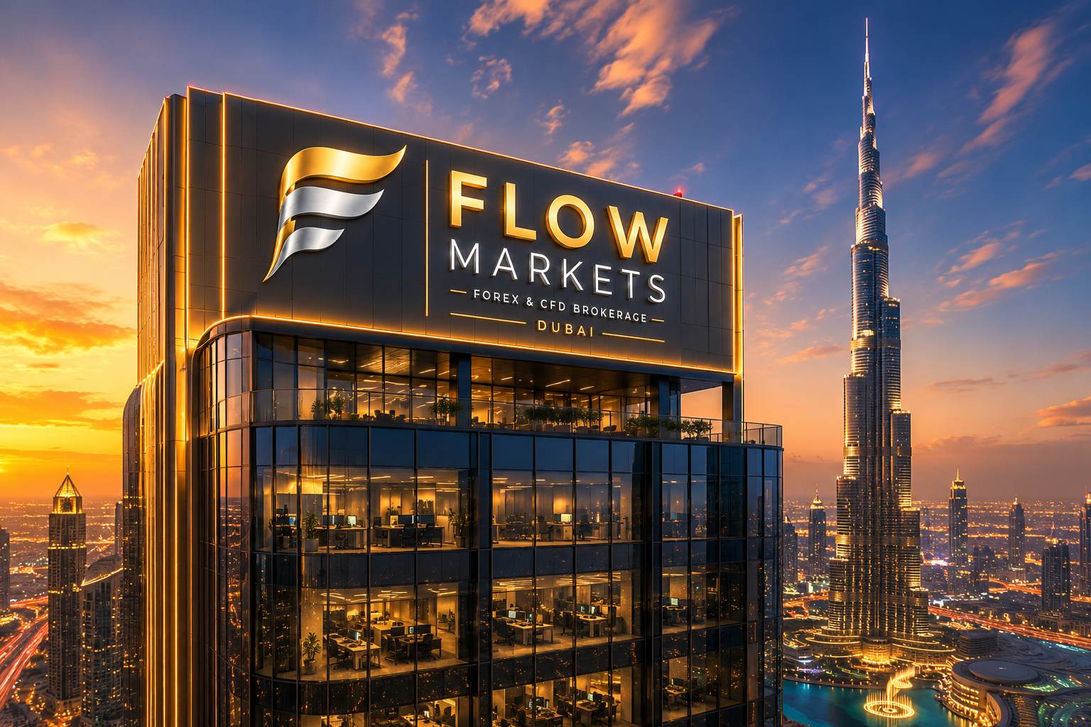 Flow Markets headquarters tower in Dubai at sunset next to Burj Khalifa